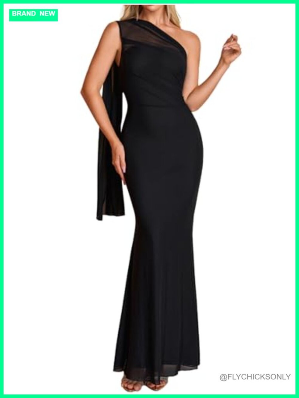 One Shoulder Bodycon Maxi Dress Ruched Mesh Formal Wedding Guest